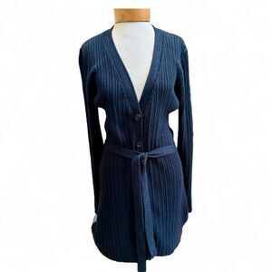 Andrea Behar Black Ribbed Cotton Belted Cardigan Sweater – Size Small